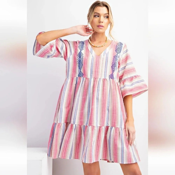 New Easel Pink Striped Poly Linen Ruffle Bottom Dress - Picture 4 of 5